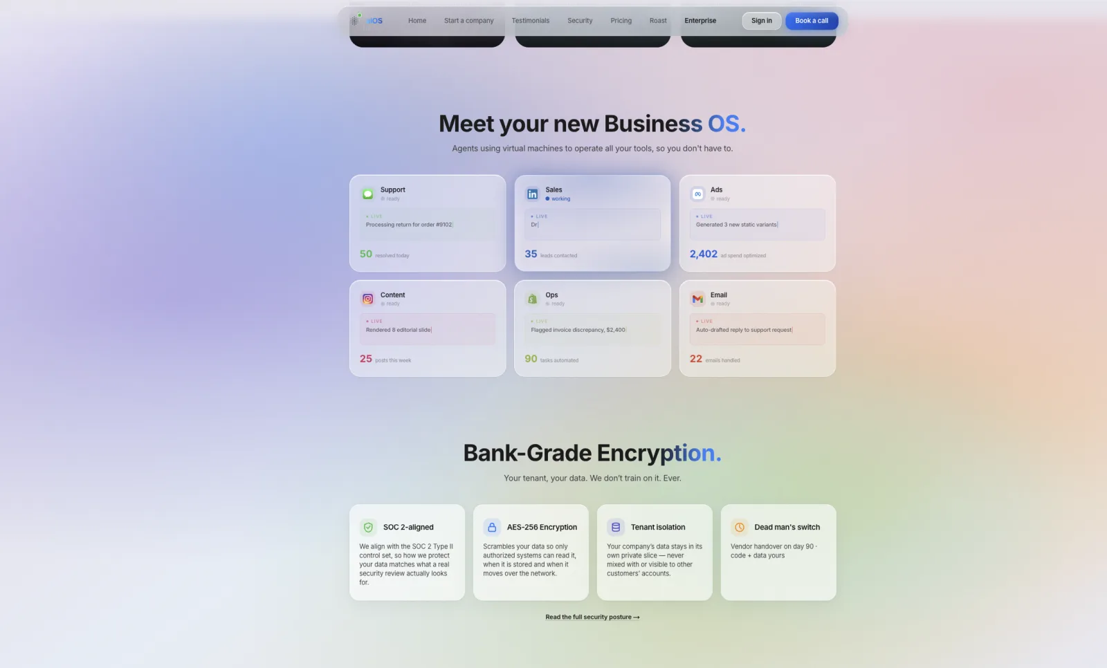 aiOS enterprise page showing six live agent cards: support, sales, ads, content, ops, and email