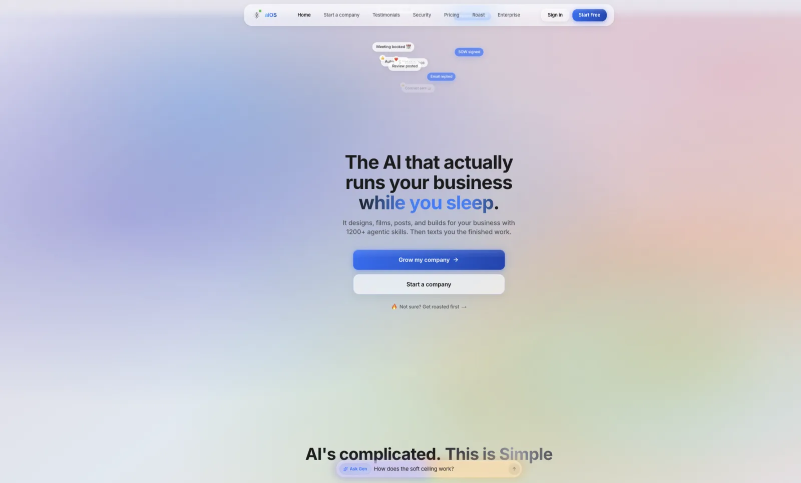 myaios.app homepage with liquid-glass hero and ambient gradient background