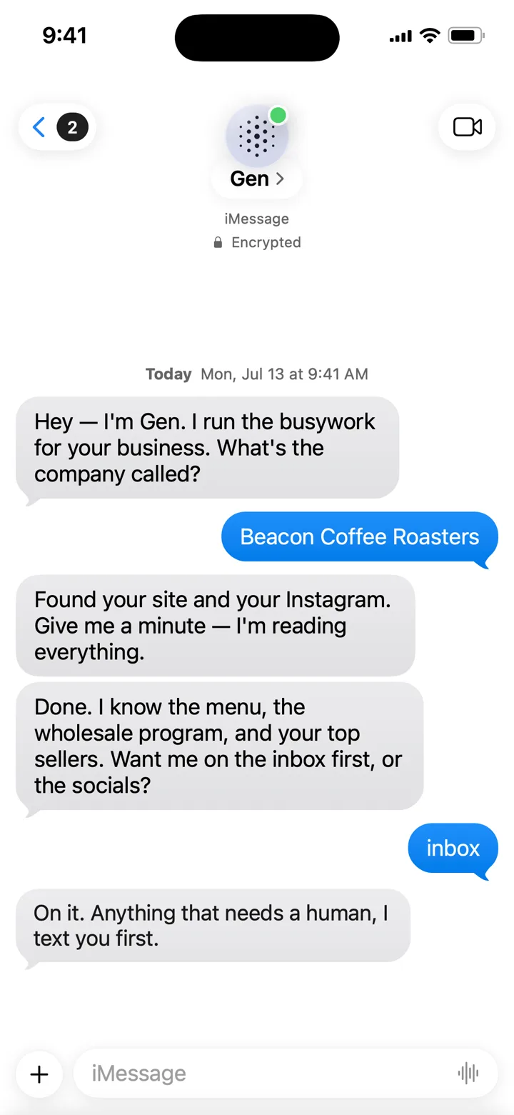 iMessage thread of Gen onboarding a new business owner: Gen asks for the company name, reads the site and Instagram, and asks whether to start on the inbox or the socials